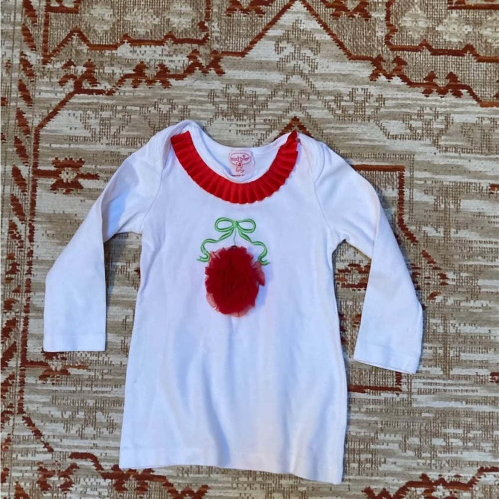 Mud Pie White Long Sleeve Tee with Red and Green Accents. Christmas Holiday.